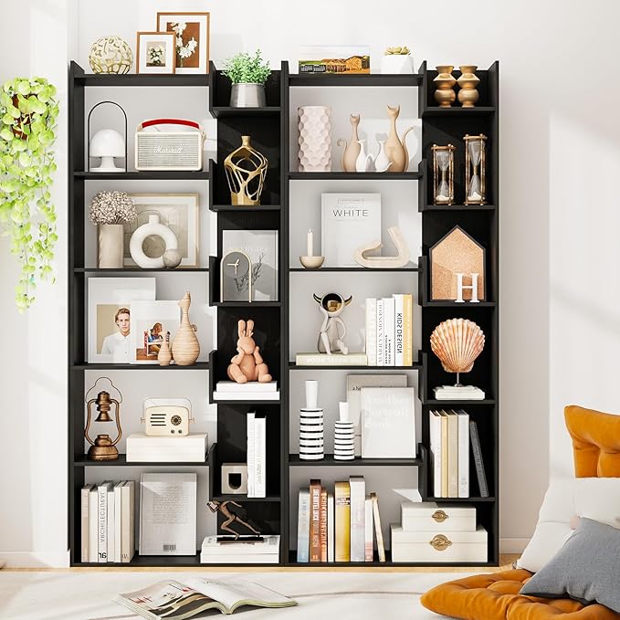 Tangkula 6-Tier Bookshelf, 64”H Tall Open Bookcase with Anti-Tip Kits, Home Office Free-Standing Wood Room Divider Display Book Shelf, Modern 11-Shelf Storage Rack for Study, Living Room (1, Black)