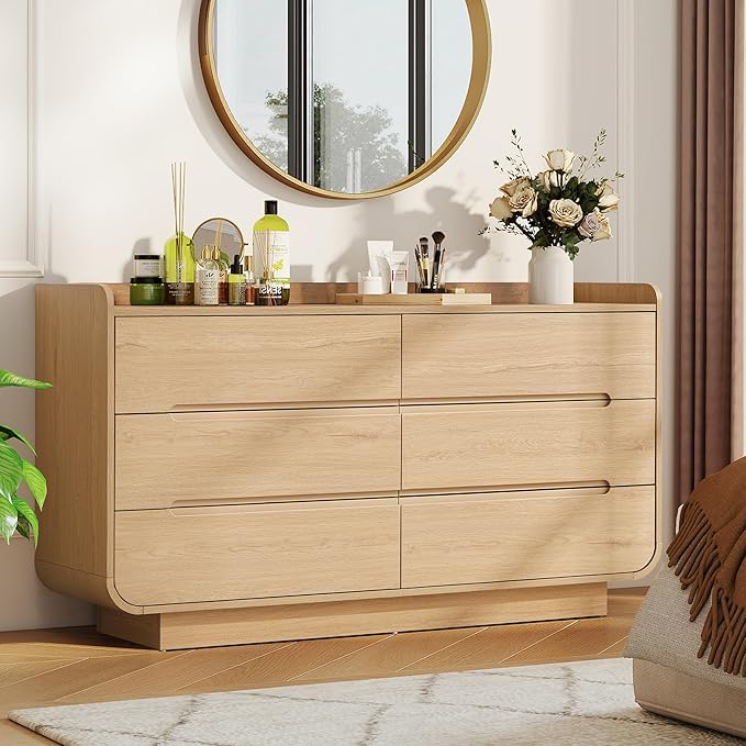 Curved 6 Drawer Dresser for Bedroom, Modern 53-Inch Chest of Drawers, Wood Storage Dresser Organizers with Hidden Handles, 6 Drawer Dressers for Bedroom, Nursery, Living Room, Natural