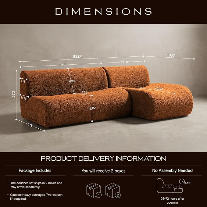 45" Curved Sectional Chaise, Modern Single Sofa Lounge Chair with Deep Seat, Boneless Modular Sherpa Sofas for Small Living Room, Bedroom, Apartment– No Assembly,Orange