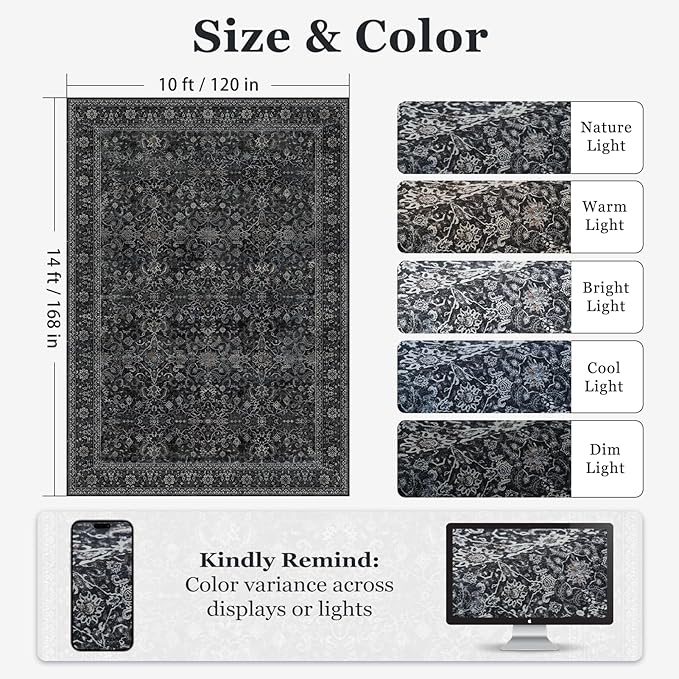 Large Rugs for Living Room 10x14, Vintage Dark Big Area Rug for Bedroom Dining Room, Washable Non Slip Low Pile Thin Room Rug for Dining Room Family Room, Farmhouse Earth Tone Midnight