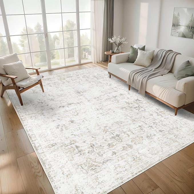 Washable 3×5 Area Rug for Living Room, Vintage Floral Rug Soft Non Slip Stain Resistant Boho Carpet for Bedroom Dinning Room Home Office Beige New