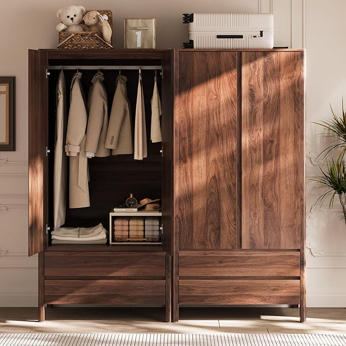 MAISONARIA Wardrobe with 2 Doors and 2 Drawers, 70.9”H Modern Walnut Bedroom Armoire Closet with Hidden Handles, Freestanding Wooden Storage Cabinet for Clothes and Essentials