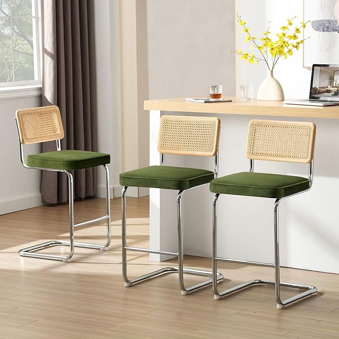 Zesthouse Natural Rattan Counter Stools Set of 4, Olive Green Modern Bar Stools with Solid Wood Back & Chrome Base, 26" Velvet Counter Height Barstools, Mid Century Cesca High Chair for Kitchen Island