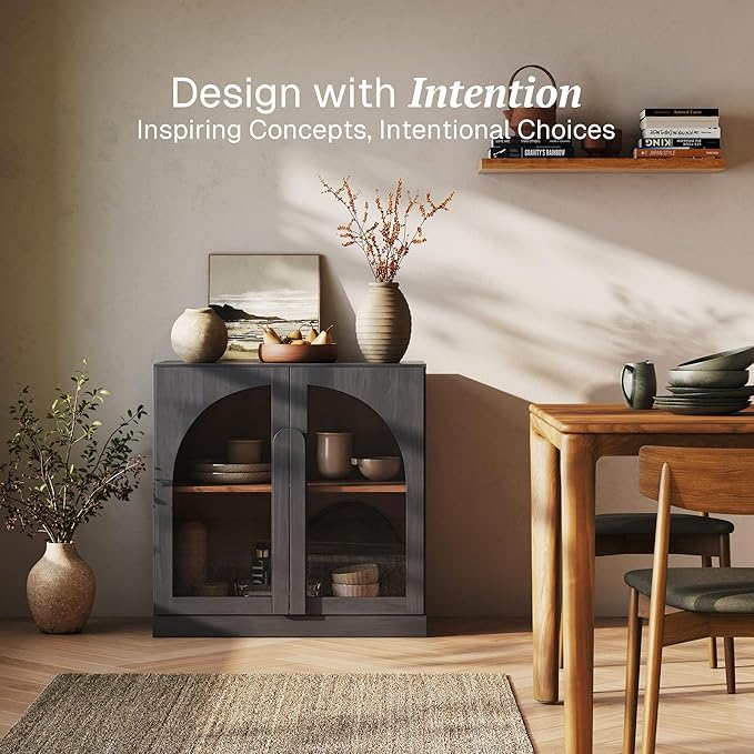 BELLEZE Bijou 31.5" Modular Sideboard Cabinet & TV Stand Console - Expandable Design w/Arched Glass Doors - Use Solo or Combine for Buffet, Living Room Media Center & Entryway - 70lbs Capacity, Ebony
