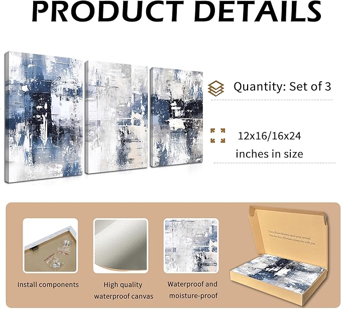 Abstract Blue and White Wall Art Set of 3, Modern Simple Navy Framed Canvas Prints Poster, Gray Painting Picture for Living Room, Bedroom, Office Wall Decor 16x24 Inch