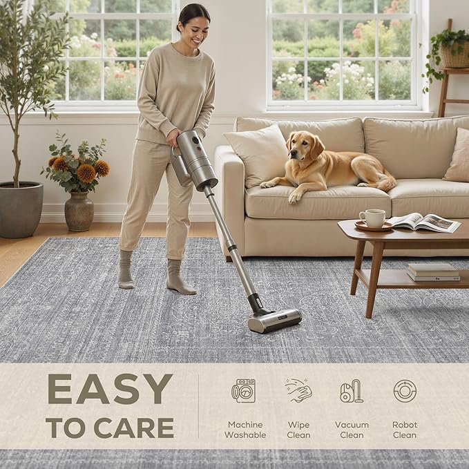 10x14 Area Rugs Living Room: Washable Large Vintage Grey Rug Neutral Non-Slip Soft Stain Resistant Indoor Carpet for Bedroom Nursery Dining Room Under Table Bed Home House Office Playroom