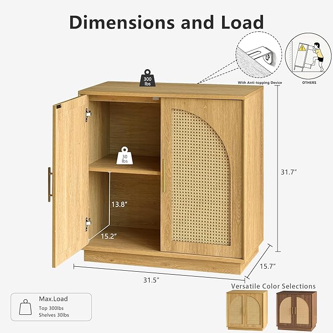 FORTUNETEC Sideboard Buffet Cabinet with Storage Set of 3, Modern Accent Cabinet with Rattan Arched Doors, Modular Media Console, Boho Credenza for Living Room Kitchen Dining Room Entryway, Oak