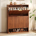 Hootata 31.5''W Walnut Shoe Storage Cabinet for Entryway with 2 Flip Drawers, Narrow Wood Fluted Shoe Rack Cabinet,Freestanding Slim Shoe Organizer Cabinet for Foyer, Hallway
