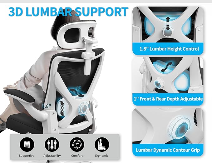 Ergalithic Ergonomic Office Chair - Computer Desk Chair with Adjustable Lumbar Support - 300lbs Executive Desk Chair High Back with Headrest Flip-Up Arms for Long Hours, Rolling Chair (White Black)