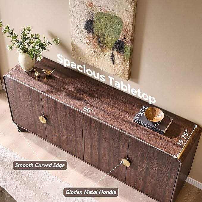 IFGET Modern Buffet Cabinet with Storage, 70" Large Sideboard Buffet Storage Cabinet with 4 Doors and Adjustable Shleves, Wooden Curved Coffee Bar for Dining Room, Kitchen, Living Room, Brown