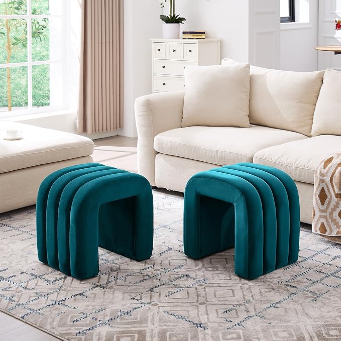 Multi-Functional Ottoman Stool Set of 2, Footrest for Couch, Modern Vanity Stool for Make-up Room, Living Room and Entryway, Small Cute Footstool (Teal Velvet)