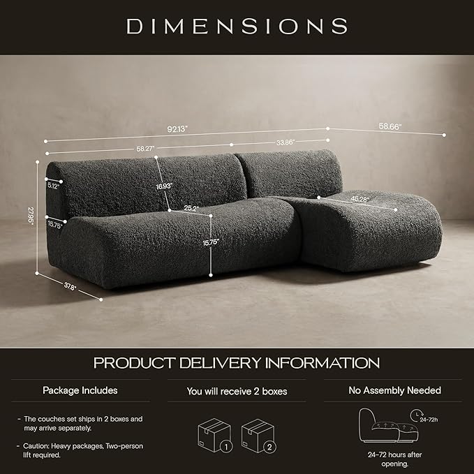 Boneless 3 Seater Sofa with Chaise Set, 92" Modular Sectional Couch, Reversible L-Shaped Couches with Deep Seat, Grey Curved Sherpa Sofas for Small Living Room, Bedroom, Apartment– No Assembly