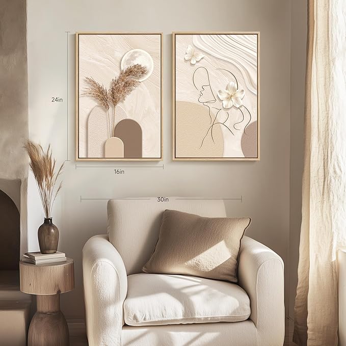 Framed Neutral Abstract Wall Art, Set of 2 Tan and Cream Beige Canvas Prints Paintings Artwork for Walls, Woman Silhouette Pictures for Living Room Dining Room Bedroom Office Wall Decor 16x24 Inch