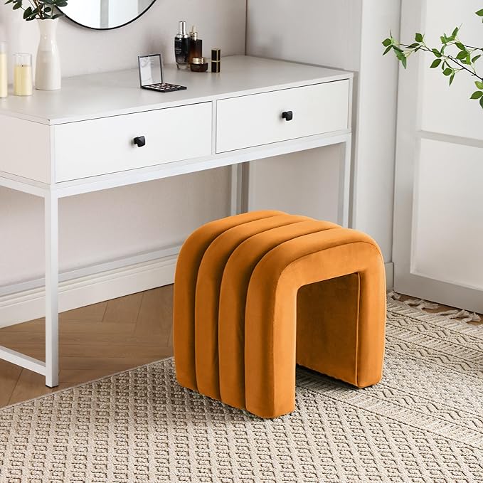 Multi-Functional Ottoman Stool, Footrest for Couch, Modern Vanity Stool for Make-up Room, Living Room and Entryway, Small Cute Footstool (Cognac Velvet)