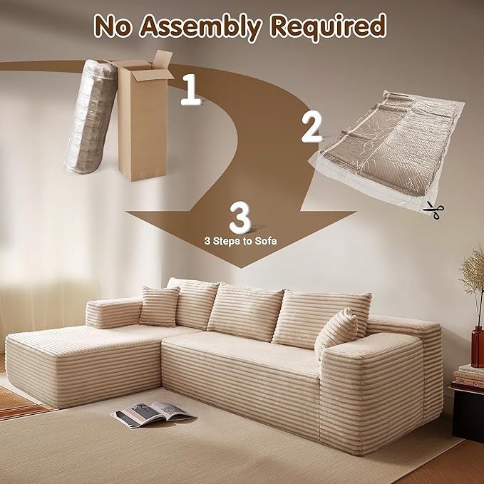 ovios 104" Cloud Boneless Couch with L-Shape Chaise,Modern Sectional Modular Sofa with Deep Seat, Upholstered Couches for Living Room Bedroom,No Assembly Required, Beige (Plush Corduroy Fabric)