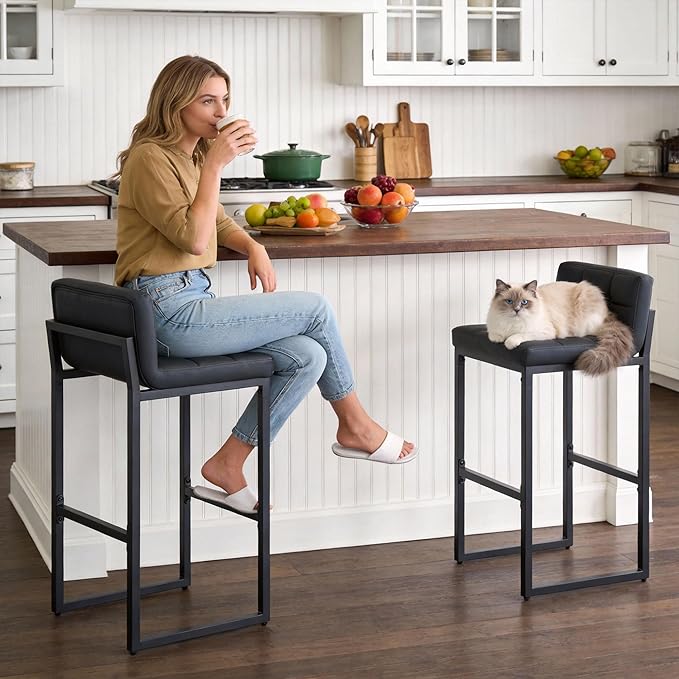 FIRAVOE Bar Height Bar Stools Set of 2, Modern Tall Counter Stool, Faux Leather Barstools with Back, Comfortable 30-inch Seat Height Island Chairs for Kitchen Island (Black, 2Pcs 30" Bar Stools)