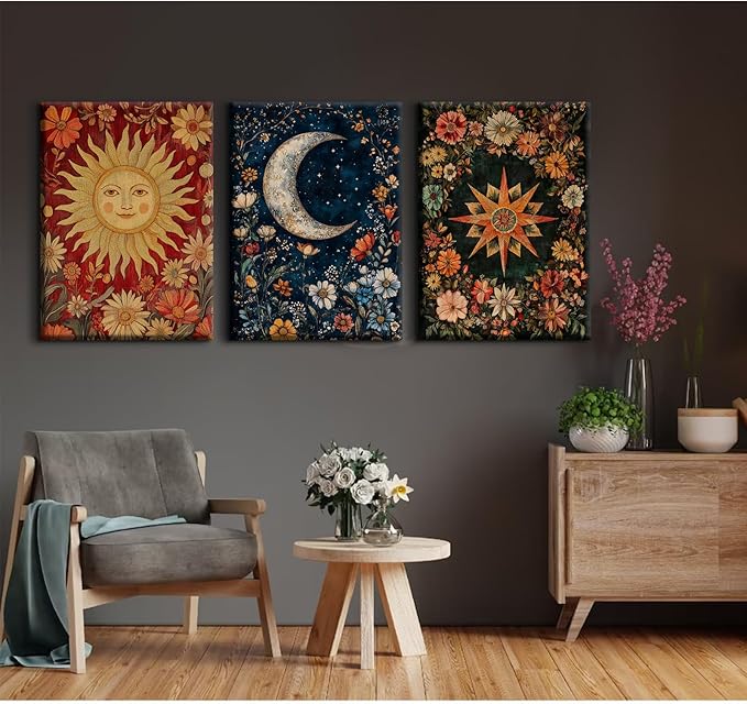 Moon Sun Star Celestial Wall Art Tarot Card Vintage Poster Decor Gothic Witchy Aesthetic Canvas Wall Art Flower Mystical Astrology Painting Dark Academia Poster for Bedroom 12x16x3 Inch Wrapped Canvas