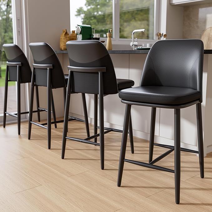 GXJ Bar Stools Set of 2, Upholstered Counter Height Bar Stools, 26 Inch Modern Counter Stools with Back, Textured Leather&Fabric, Metal Legs,Barstools for Kitchen Island Dining Room, Black