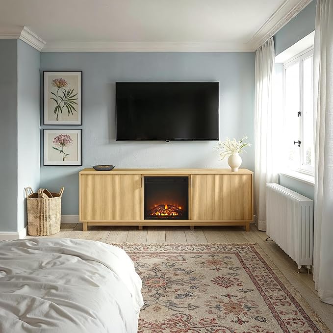 Walker Edison Arundo Reeded TV Stand with Fireplace & Storage, 70" Fireplace, Coastal Oak