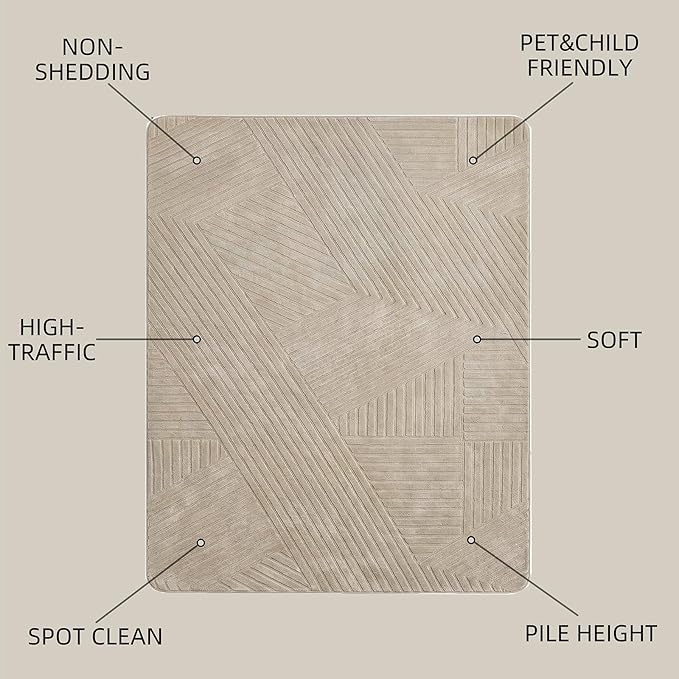 5x7 Solid Color Area Rugs, Brown Modern Geometric Rug, Living Room Rug, Durable Non-Slip Soft High-Low Pile, Fluffy Floor Rugs for Bedroom, Kids Room, Nursery, Home Décor, Light Brown