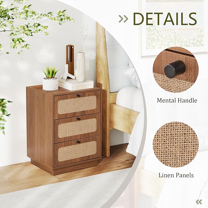 AVZEAR Mid Century Night Stand Set of 2, Modern Nightstand with 3 Drawers and Nature Linen Panel, Wood Bedside Table Rustic End Table for Small Space, Dorm, Bedroom(Walnut)