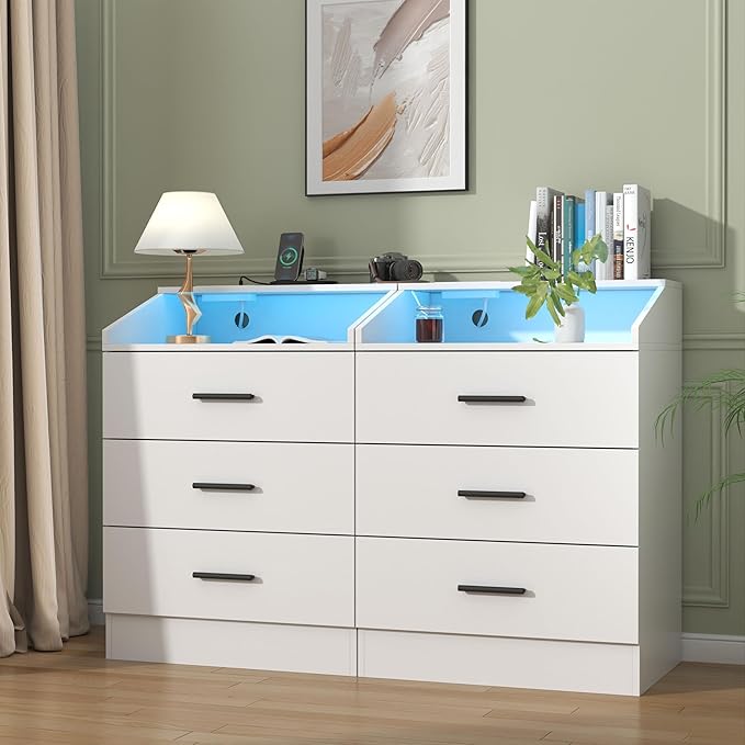 Gyfimoie 3 Drawers Dresser with Power Outlet, Chest of Drawers with LED Light, White Dresser Organizer with Open Storage Cubby, Modern Nightshatnd for Bedroom, Living Room, Entryway, Hallway