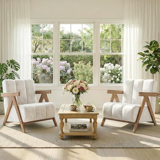 Modern Accent Chair Set of 2 for Living Room Bedroom,Comfy Chenille Reading Chair with Wood Frame,Upholstered Lounge Armchair with Thick High-Elastic Sponge for Apartment & Waiting Room(White,2)