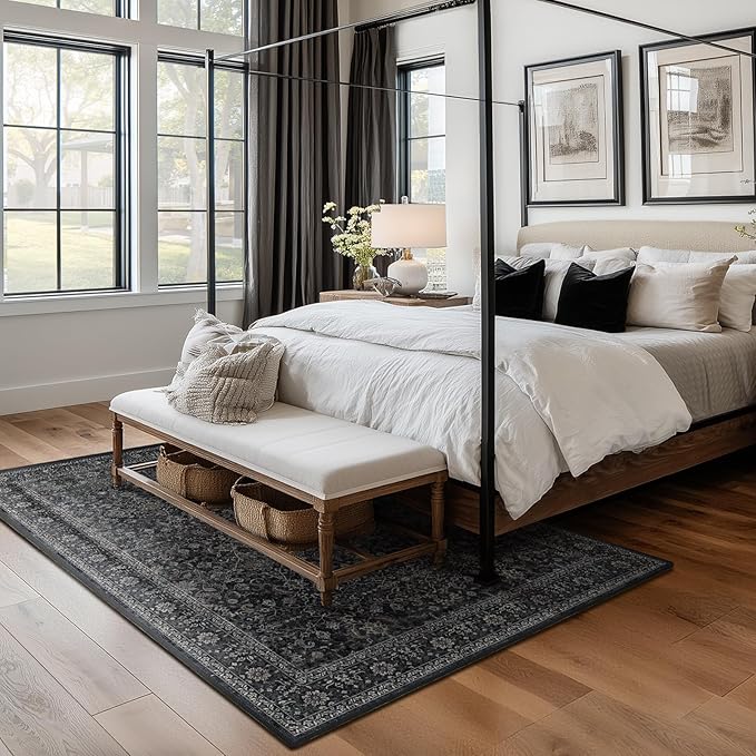 Dark 5x7 Area Rugs for Living Room Bedroom, Washable Non Slip Low Pile Thin Soft Carpet Rugs for Dining Room/Kitchen/Home Office/Nursery, Vintage Farmhouse Earth Tone Midnight with Gray Accents