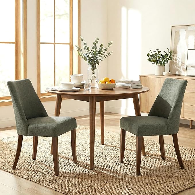 Wooden Dining Chairs Set of 2, Upholstered Farmhouse Fabric Dining Room Chair, Mid Century Kitchen Chair for Restaurant & Cafe, Green