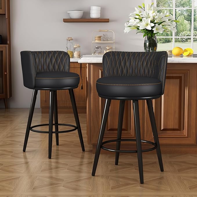 HONIFUR Bar Stools Set of 2, 27 Inch Barstools with Sturdy Legs, Leather Farmhouse Counter Height Bar Stool for Kitchen, Dining, Bar (Black, Leather)