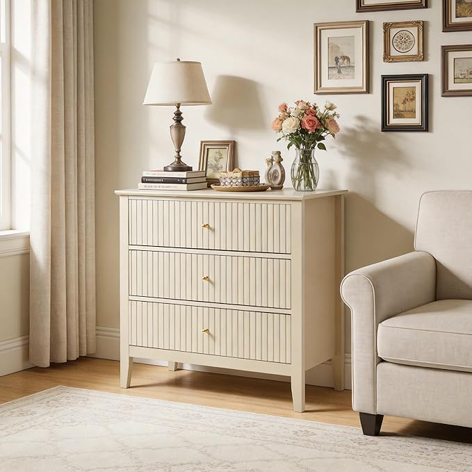RoyalCraft Beige Fluted 3 Drawer Dresser, 32 inch Wide Dresser Nightstand for Bedroom, Modern Wood Chest of Drawers, Large Painted Nightstand with 3 Drawers for Closet, Hallway, Entryway
