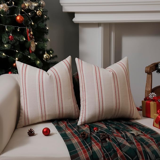 Hckot Christmas Throw Pillow Covers 24x24 Set of 2 Red Pillow Covers Striped Decorative Pillows Xmas Decorations Cushion Covers Winter Holiday Decor for Sofa Couch Living Room(Red)