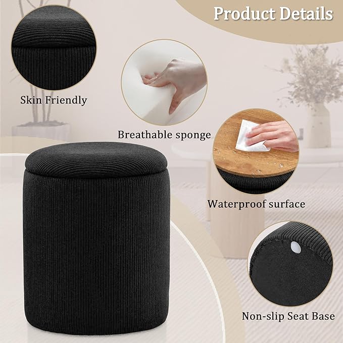 YSICK Round Ottoman with Storage, Set of 2, Small Vanity Stool as Vanity Chair, Corduroy Ottoman Foot Rest for Small Space, Living Room, Bedroom, Black