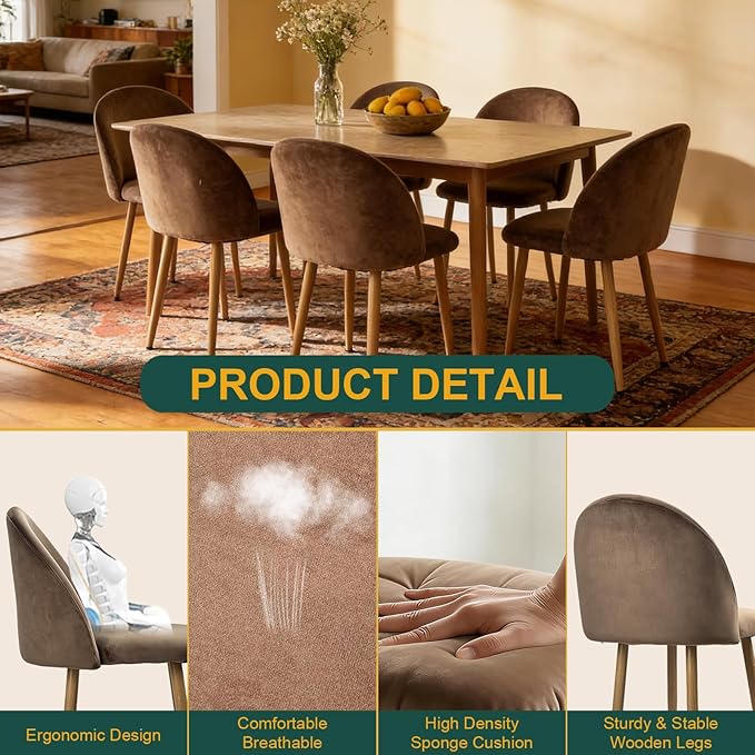 Dining Chairs Set of 2, Velvet Comfortable Seats, Mid-Century Modern Living Room Chairs, Upholstered Kitchen Chairs with Wooden Legs and Padded Seat for Bedroom Office Easy Assembly, Brown