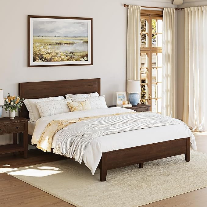 Cozyman Queen Bed Frame with Headboard, 100% Solid Acacia Wood Platform, 800lb Heavy Duty Support with 10 Reinforced Legs, Noise-Free No Box Spring Needed, Low-Profile Design, Walnut