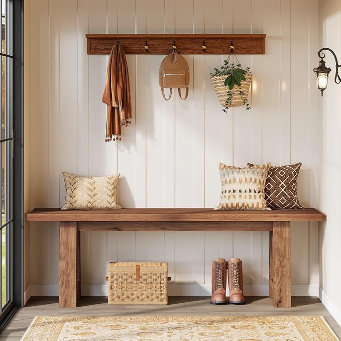 55" Solid Wood Entryway Bench, Farmhouse Long Wood Bench Dining Seat for Living Room, Dining Room, Hallway, Rustic Brown