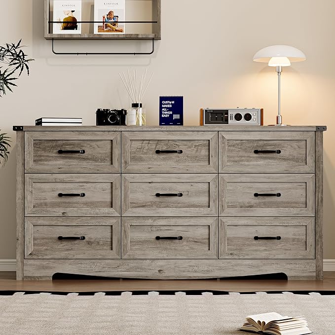 BORNOON 9-Drawer Dresser for Bedroom, Modern Wooden Chest of Drawers with Metal Handles, Anti-Tipping Design, Sturdy and Stable Storage Organizer for Living Room, Entryway, Home Office