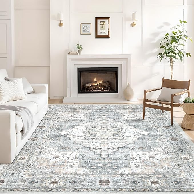 Area Rug 8×10 Washable Rugs for Bedroom, Vintage Floral Rug Soft Non Slip Stain Resistant Carpet for Living Room Dinning Room Kitchen Home Office Blue Green Multi