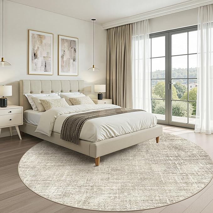 6ft Round Rug Living Room: 6x6 Washable Large Neutral Brown Circle Area Rug Abstract Soft Modern Stain Resistant Indoor Floor Non-Slip Carpet for Bedroom Nursery Kids Office Playroom Dining Room