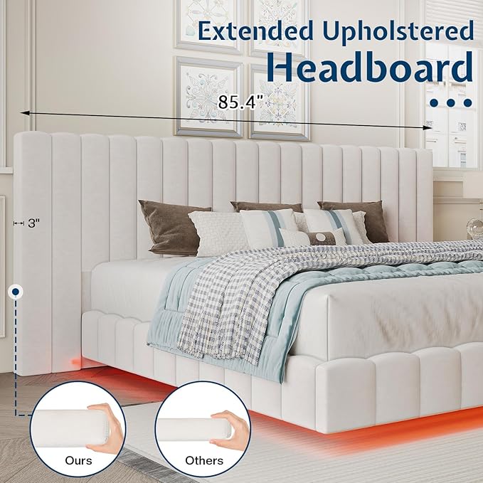Jocisland Bed Frame Queen Size with 85" Wide Upholstered Headboard, Modern Velvet Floating Platform with LED Lights Underneath, No Box Spring Needed, Cream
