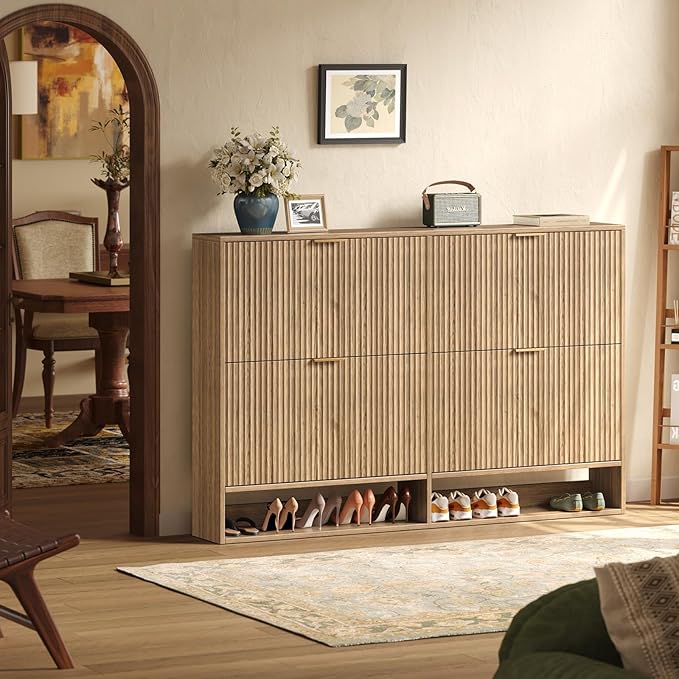 Hootata 47.2''W Oak Shoe Storage Cabinet for Entryway with 4 Flip Drawers, Narrow Wood Fluted Shoe Rack Cabinet,Freestanding Slim Shoe Organizer Cabinet for Foyer, Hallway