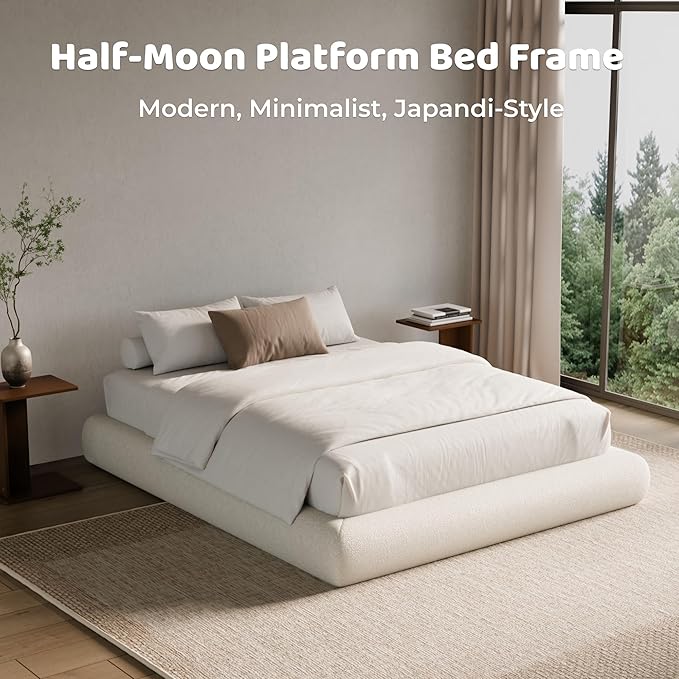 RECCI AirFrame Half-Moon Upholstered Full Platform Bed Frame, Boucle Curved Arched Base, 5 Inch Fully Round Cushioned Foam, No Box Spring Needed, Easy Assembly | Round Shaped, Boucle, Low-profile, Soft
