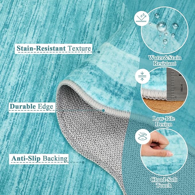 Garvee Scalloped 5x7 Rugs Washable Area Rugs for Living Room,Modern Stain Resistant Solid Rug for Bedroom Kids Room, Scalloped Low Pile Non-Slip Neutral Rug for Dining Room Home Office Dorm,Teal