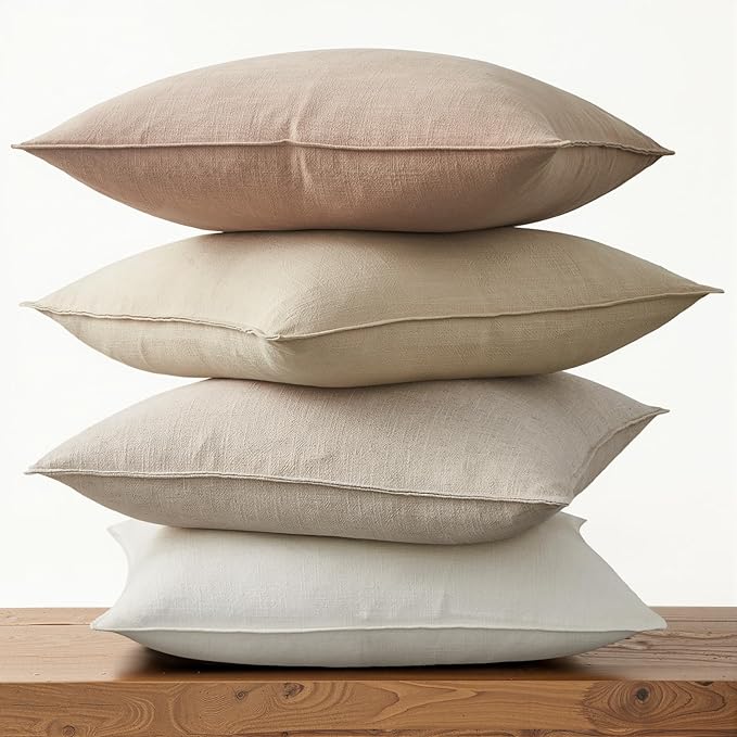 Natural Throw Pillow Covers with Press Edge Design Pack of 4 Solid Linen Decorative Pillow Covers Soft Accent Boho Pillowcases Modern for Couch Bed Living Room Balcony and Car 16x16 Inch