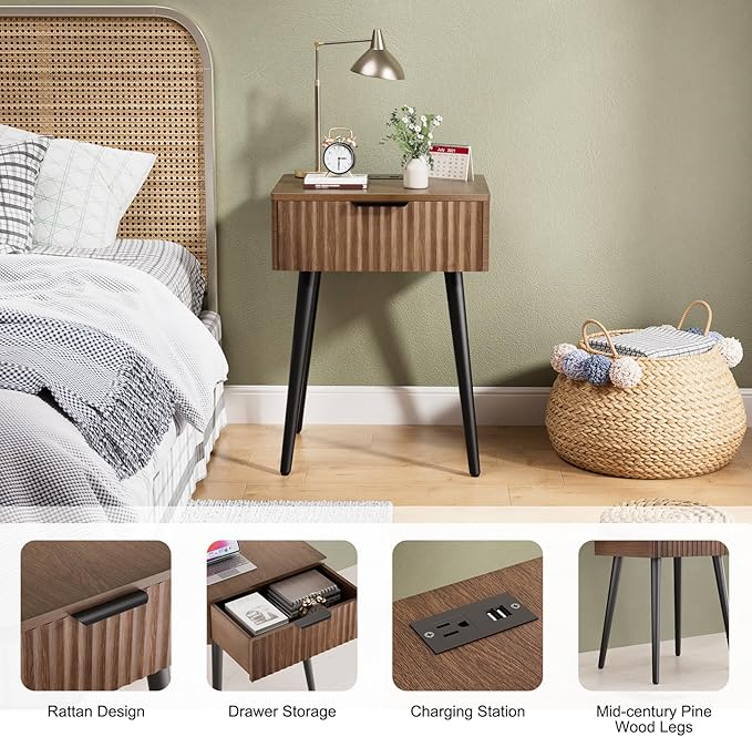 HAIOOU Set of 2 Mid Century Nightstand with Charging Station, End Table Modern Side Table One Drawer with Premium Matte Black Handle and Pine Wood Legs for Home Bedroom Living Room