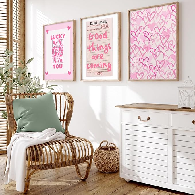 Lucky You Pink Wall Art Guest Check Preppy Wall Decor Trendy Aesthetic Canvas Wall Art Funky Retro Poster Hearts Cute Picture Prints Inspirational Artwork for Room Bedroom 16x24 Inch Unframed Set of 3