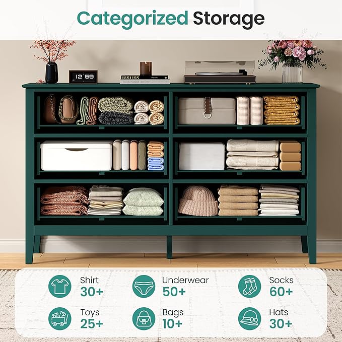 RoyalCraft 6 Drawer Dresser, Fluted Modern Wood Chest of Drawers, Long Dresser for Bedroom TV Stand Storage Cabinet for Living Room, Green