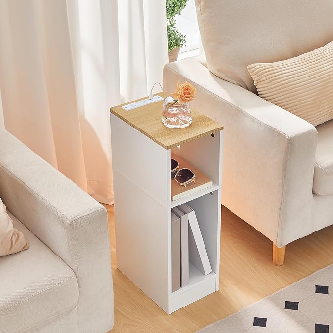 MAHANCRIS Narrow Nightstand with LED Light, Narrow End Table with Charging Station, Skinny Bedside Table for Small Spaces, Mid Century Modern Night Stand for Bedroom, Natural and White ETNW30E01