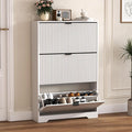 HUANLEGO Shoe Cabinet Storage for Entryway with 3 Flip Drawers, White Fluted Shoe Cabinet with Adjustable Shelves, Wooden Hidden Shoe Rack Freestanding Narrow Slim Shoes Storage for Hallway, Entrance