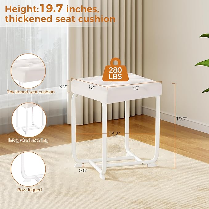 BEWISHOME White Vanity Chair, Leather Vanity Stool, Small Stool Chair for Vanity, Square Ottoman Foot Stool, Makeup Vanity Chairs with Thick Padded Seat for Small Spaces, Bathroom, Bedroom, Entryway